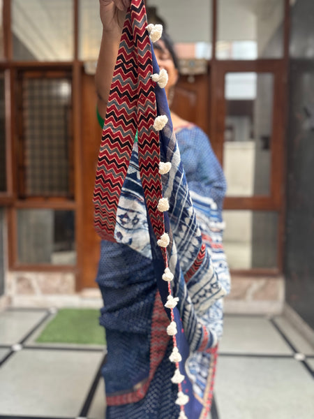 Embroidered Pallu & Ajrakh Patchwork Border- Cotton Silk Block printed Saree