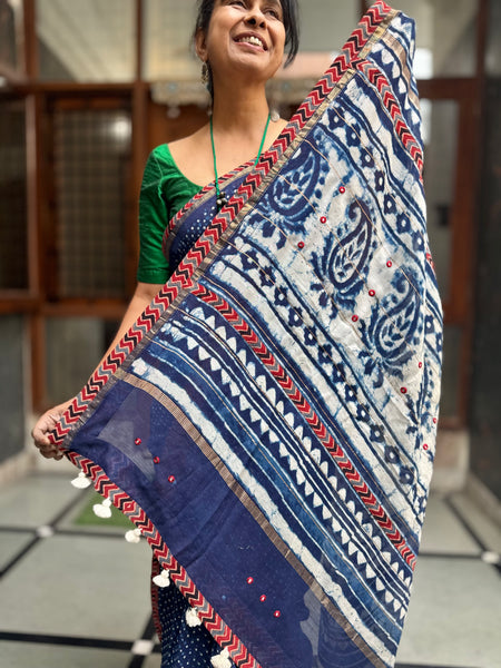 Embroidered Pallu & Ajrakh Patchwork Border- Cotton Silk Block printed Saree