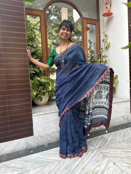 Embroidered Pallu & Ajrakh Patchwork Border- Cotton Silk Block printed Saree