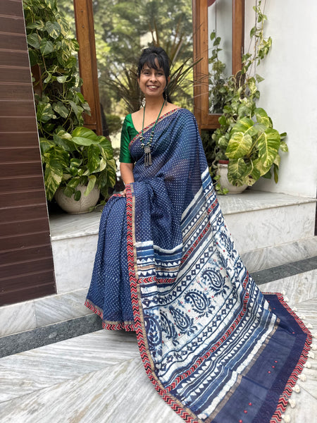 Embroidered Pallu & Ajrakh Patchwork Border- Cotton Silk Block printed Saree