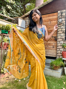 ताना-बाना- Cotton Handwoven Jamdani Saree - Mustard