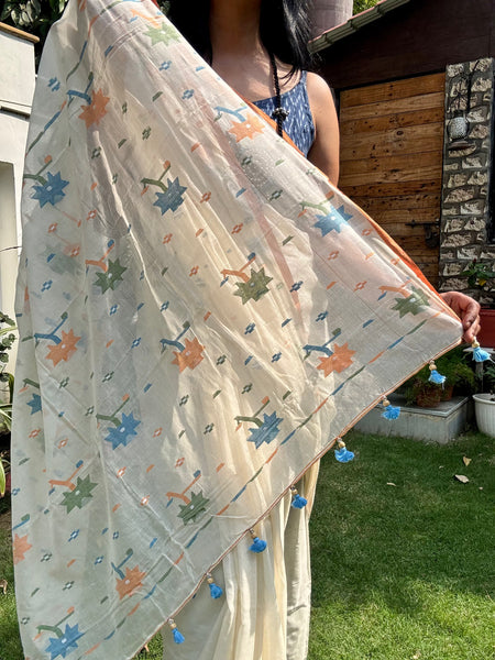 ताना-बाना- Cotton Handwoven Jamdani Saree - offwhite
