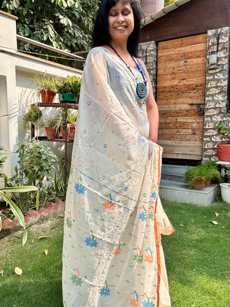 ताना-बाना- Cotton Handwoven Jamdani Saree - offwhite