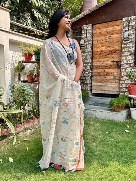 ताना-बाना- Cotton Handwoven Jamdani Saree - offwhite