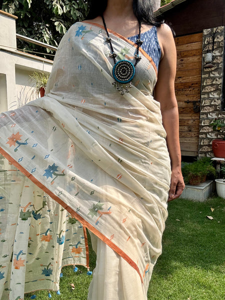 ताना-बाना- Cotton Handwoven Jamdani Saree - offwhite