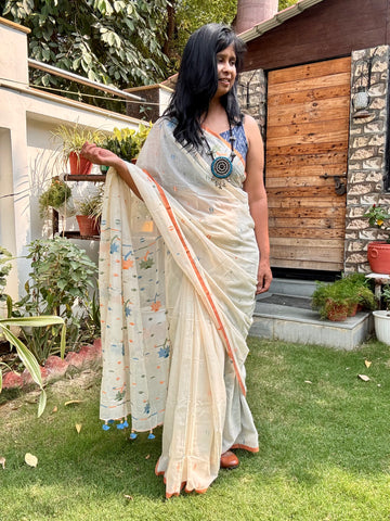 ताना-बाना- Cotton Handwoven Jamdani Saree - offwhite