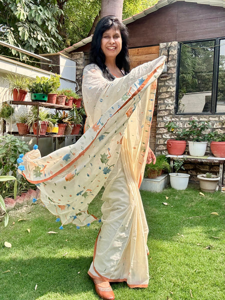 ताना-बाना- Cotton Handwoven Jamdani Saree - offwhite