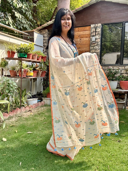 ताना-बाना- Cotton Handwoven Jamdani Saree - offwhite