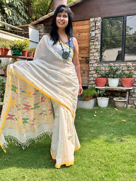 ताना-बाना- Cotton Handwoven Jamdani Saree - offwhite