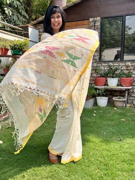 ताना-बाना- Cotton Handwoven Jamdani Saree - offwhite