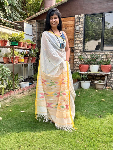 ताना-बाना- Cotton Handwoven Jamdani Saree - offwhite