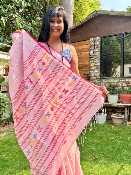 ताना-बाना- Cotton Handwoven Jamdani Saree - pink
