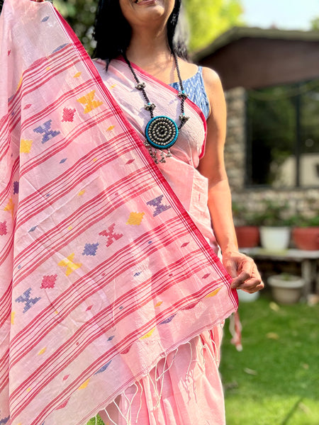 ताना-बाना- Cotton Handwoven Jamdani Saree - pink