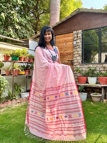 ताना-बाना- Cotton Handwoven Jamdani Saree - pink