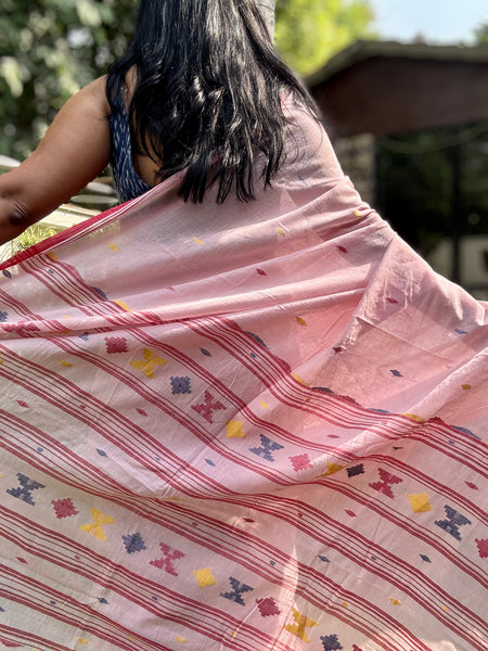 ताना-बाना- Cotton Handwoven Jamdani Saree - pink