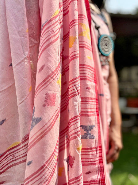 ताना-बाना- Cotton Handwoven Jamdani Saree - pink