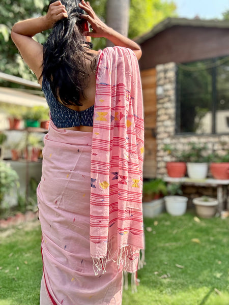 ताना-बाना- Cotton Handwoven Jamdani Saree - pink