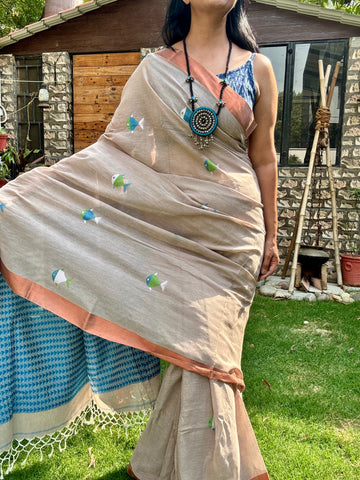 ताना-बाना- Cotton jacquard Jamdani Saree with copper zari border