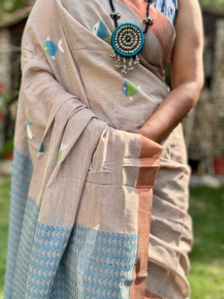 ताना-बाना- Cotton jacquard Jamdani Saree with copper zari border