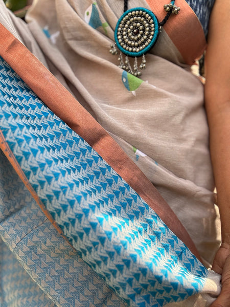ताना-बाना- Cotton jacquard Jamdani Saree with copper zari border