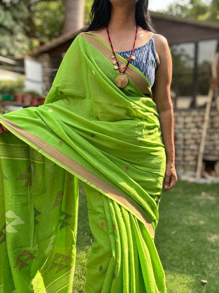 ताना-बाना- Cotton Handwoven Jamdani Saree - Green