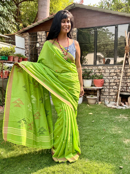 ताना-बाना- Cotton Handwoven Jamdani Saree - Green
