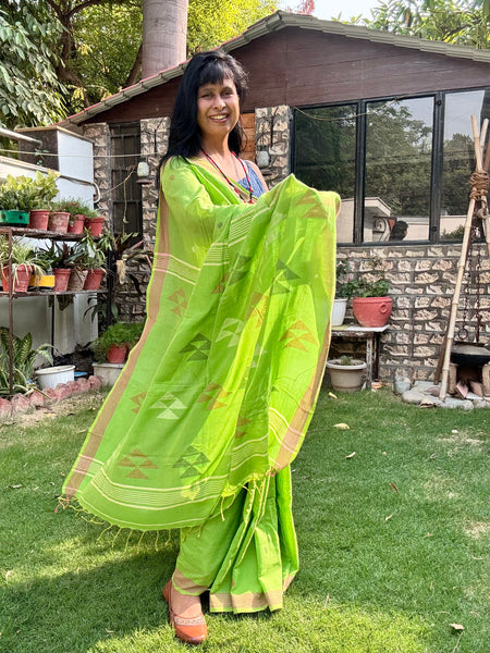 ताना-बाना- Cotton Handwoven Jamdani Saree - Green