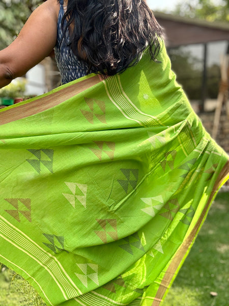 ताना-बाना- Cotton Handwoven Jamdani Saree - Green