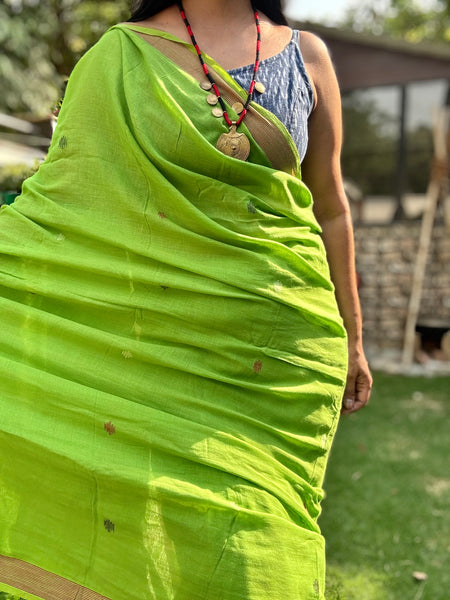 ताना-बाना- Cotton Handwoven Jamdani Saree - Green