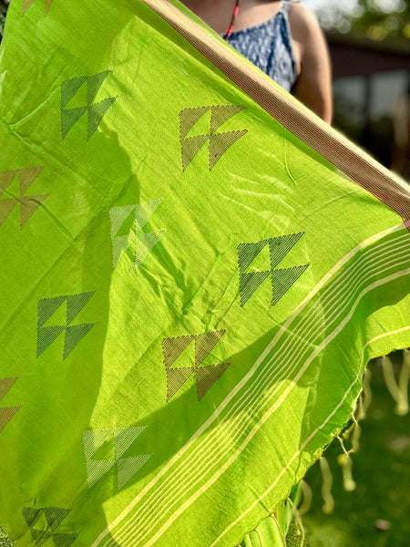 ताना-बाना- Cotton Handwoven Jamdani Saree - Green