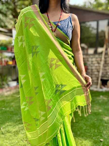 ताना-बाना- Cotton Handwoven Jamdani Saree - Green