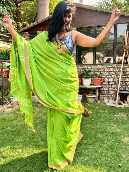 ताना-बाना- Cotton Handwoven Jamdani Saree - Green