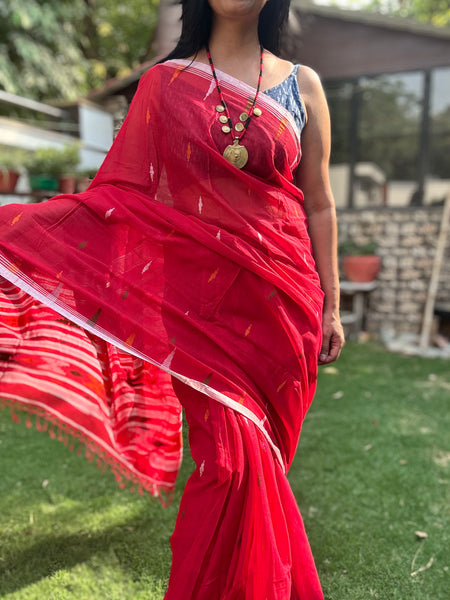 ताना-बाना- Cotton Handwoven Jamdani Saree - Red