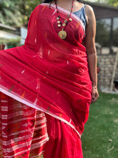 ताना-बाना- Cotton Handwoven Jamdani Saree - Red