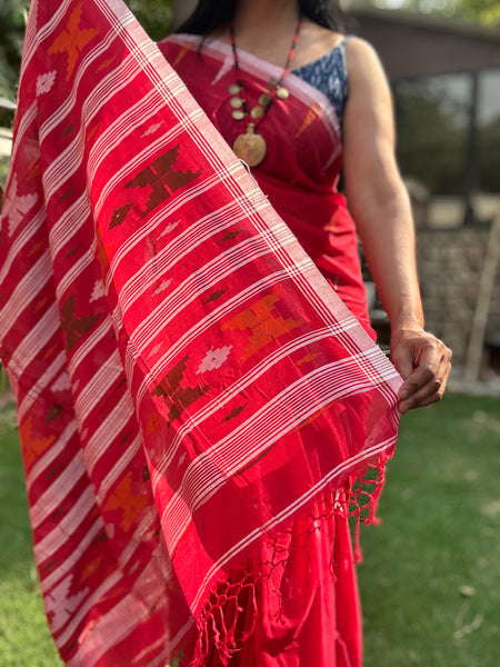 ताना-बाना- Cotton Handwoven Jamdani Saree - Red