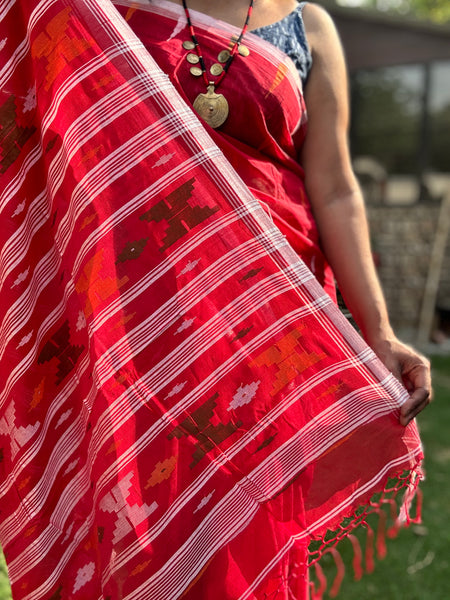 ताना-बाना- Cotton Handwoven Jamdani Saree - Red
