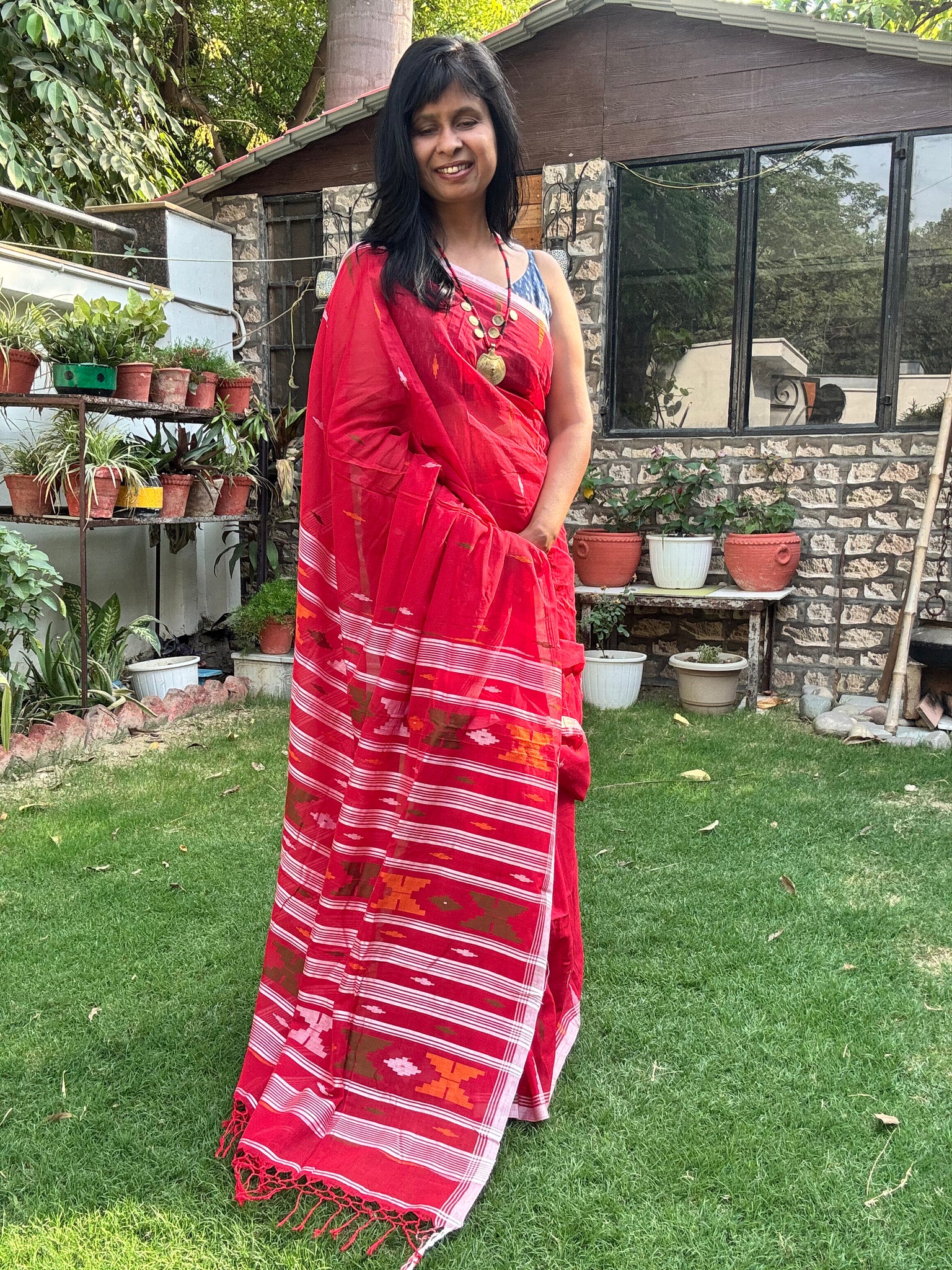 ताना-बाना- Cotton Handwoven Jamdani Saree - Red