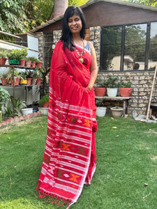 ताना-बाना- Cotton Handwoven Jamdani Saree - Red