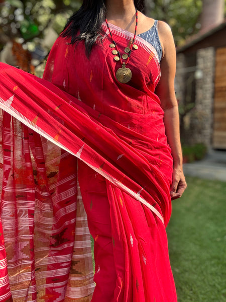 ताना-बाना- Cotton Handwoven Jamdani Saree - Red