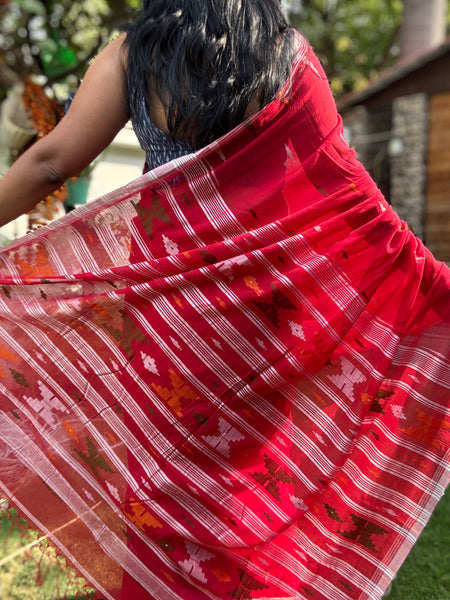ताना-बाना- Cotton Handwoven Jamdani Saree - Red