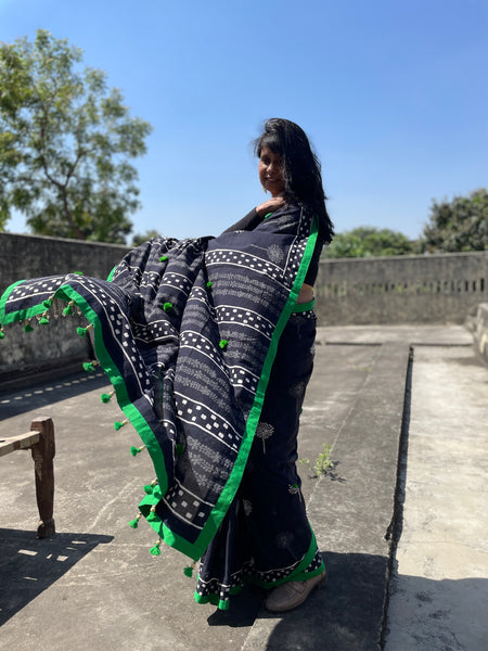 Dabu Mul cotton hand block printed saree with Green fabric facing and embroidery