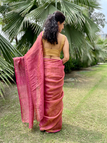 Handwoven Dark Pink Metallic Linen Saree