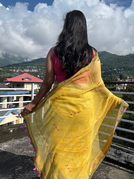 Embroidered pallu & patchwork border- kota doria saree