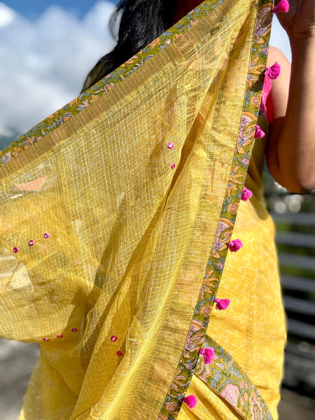 Embroidered pallu & patchwork border- kota doria saree