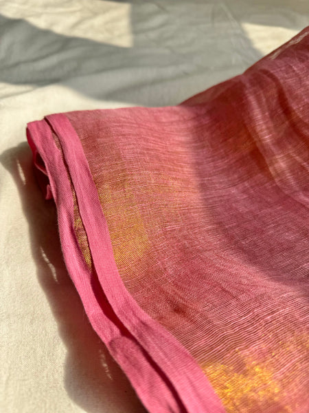 Handwoven Pink Golden Zari Linen Saree
