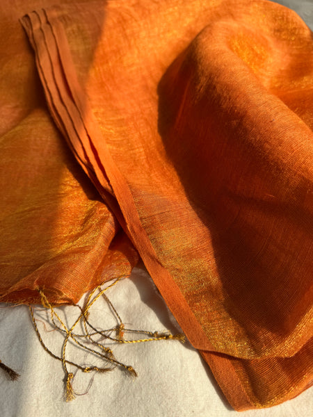 Handwoven Burnt Orange Zari Linen Saree