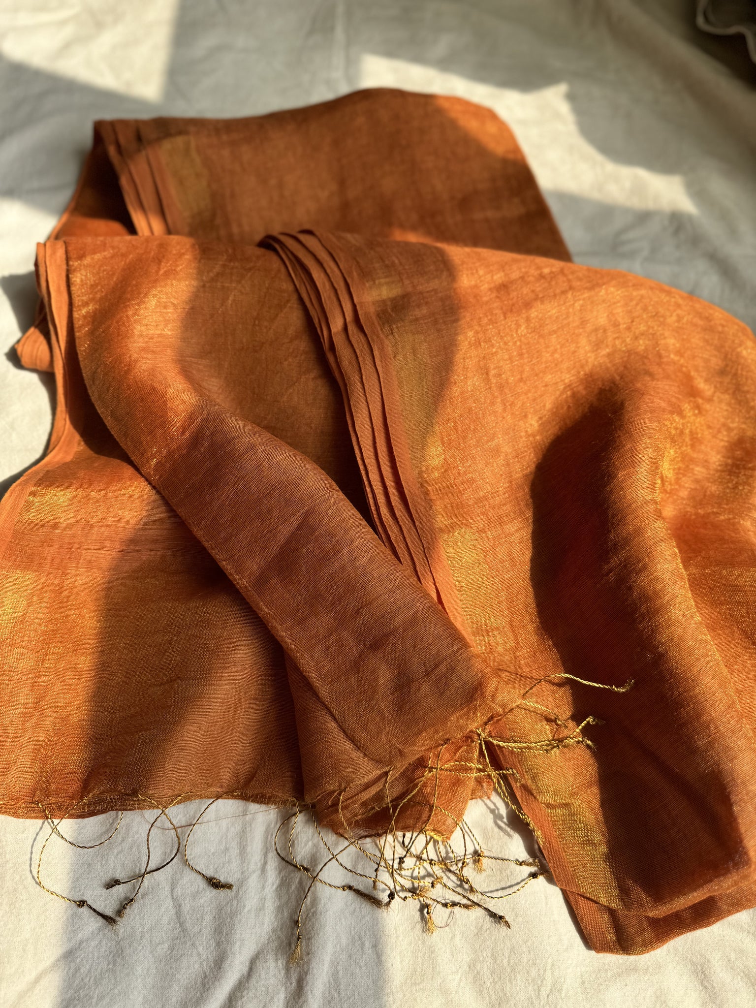 Handwoven Burnt Orange Zari Linen Saree