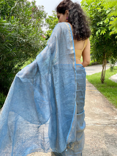 Handwoven Blue Metallic Linen Saree - with blouse piece