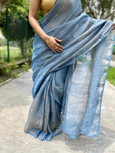 Handwoven Blue Metallic Linen Saree - with blouse piece