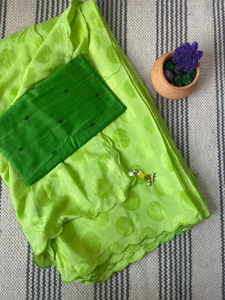 Modal voile self designed green saree - with semi silk booti green BP